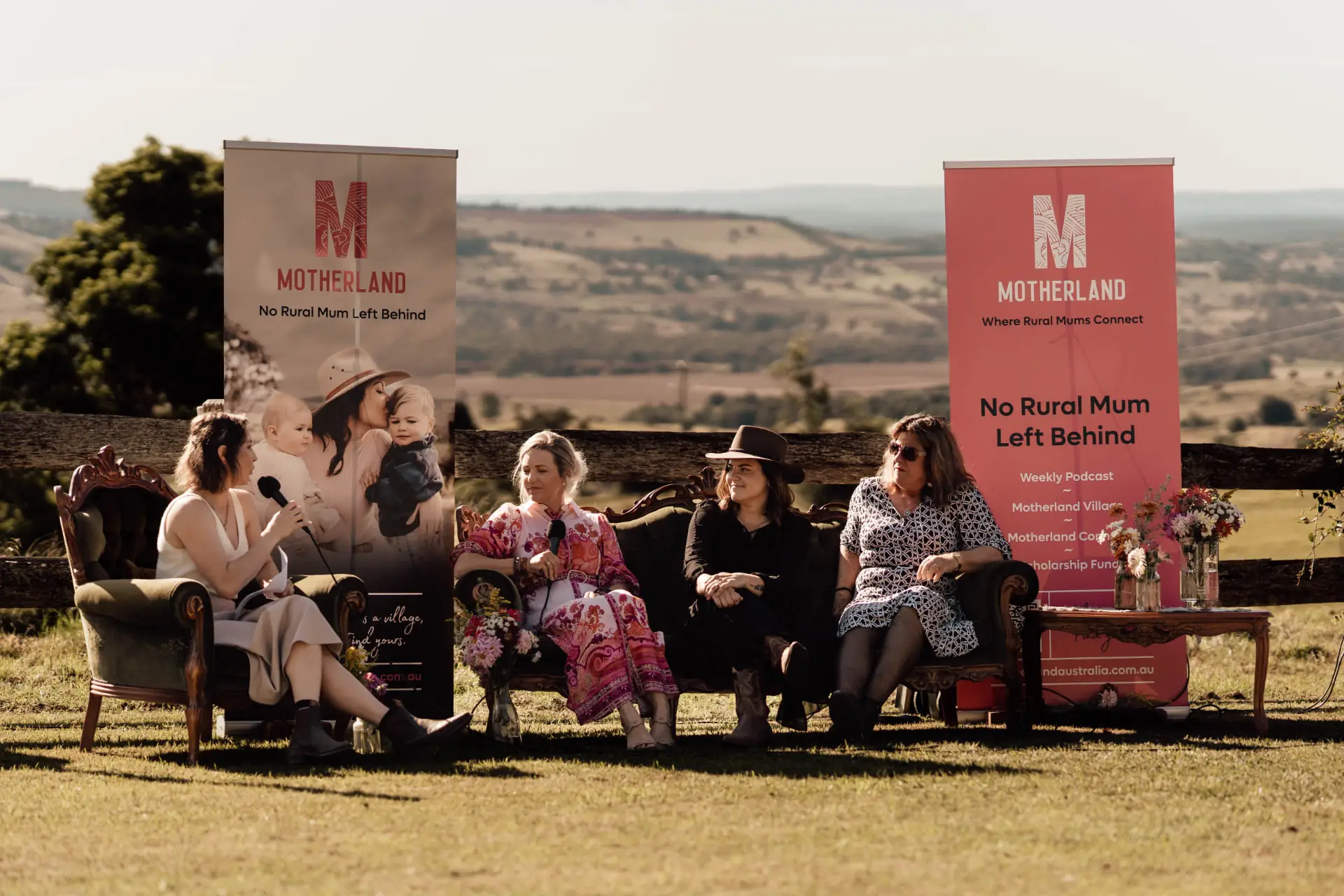 A panel of rural mums on stage at a Motherland event