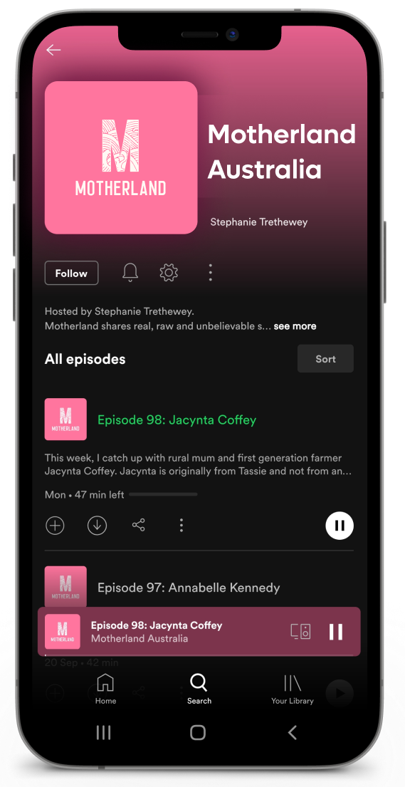 The Motherland Podcast playing on a phone